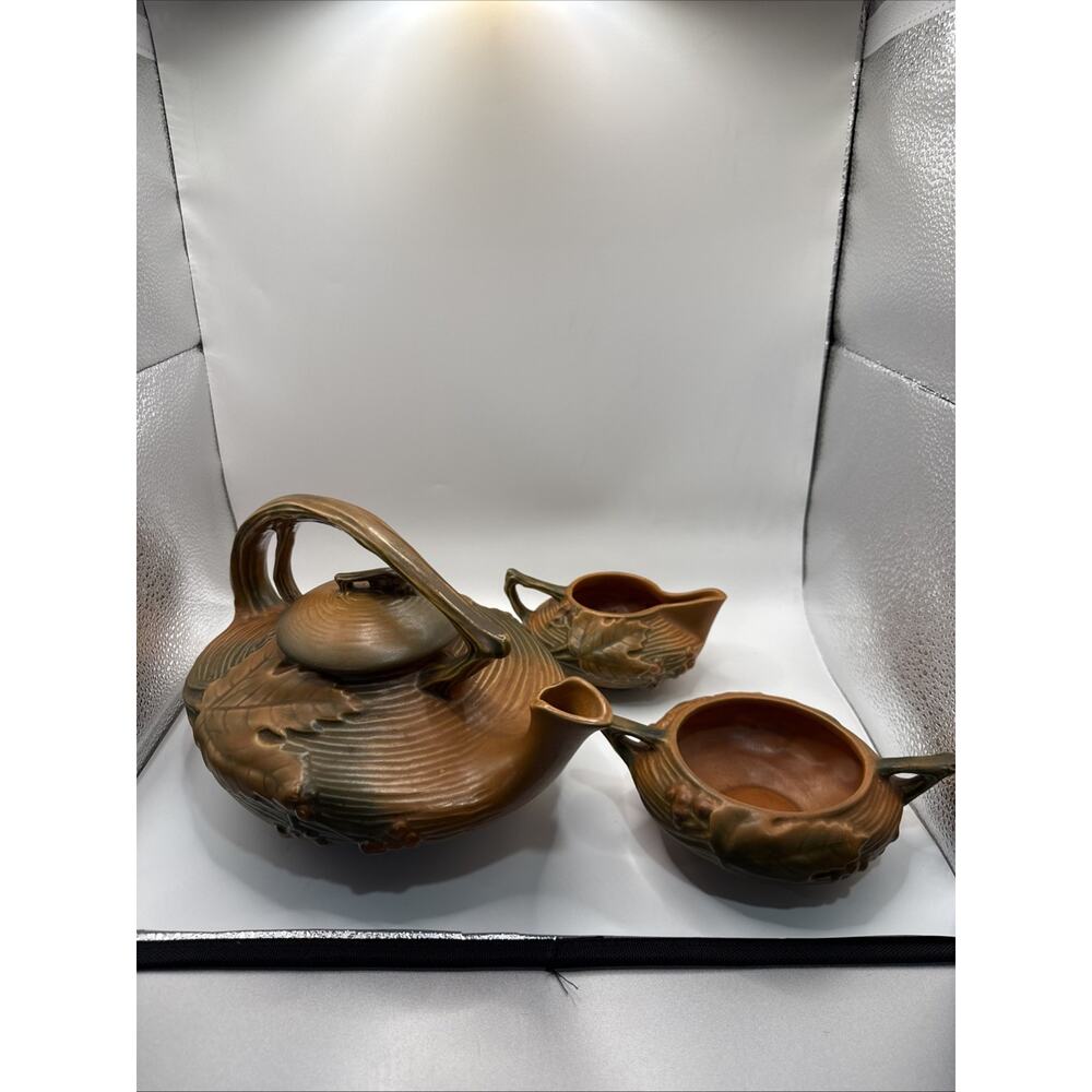 Vintage Set Of Roseville Pottery Bushberry Pattern Teapot Creamer & Sugar